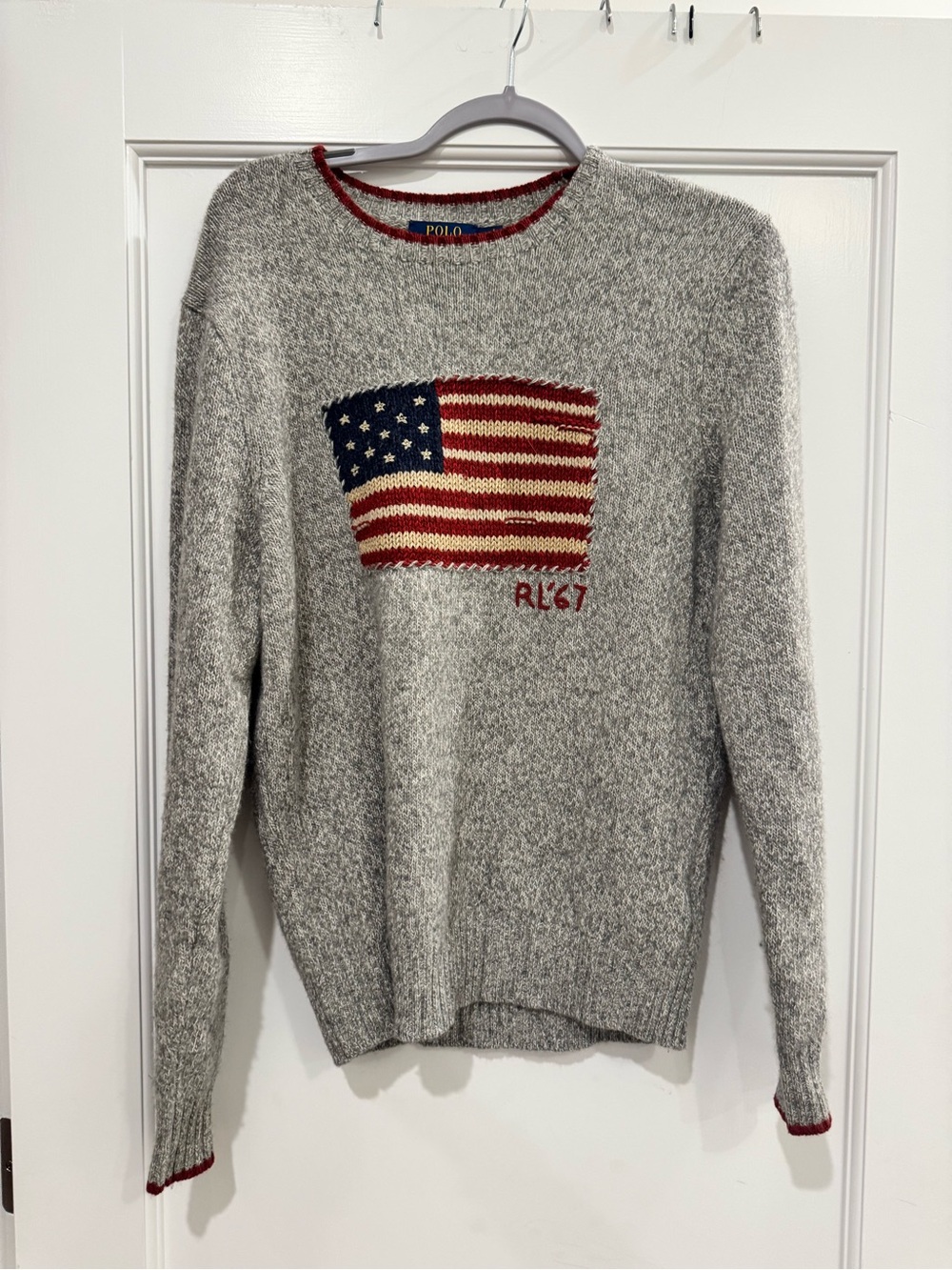 Ralph Lauren American flag sweater grey Crewneck Sweater w Red, Blue & White